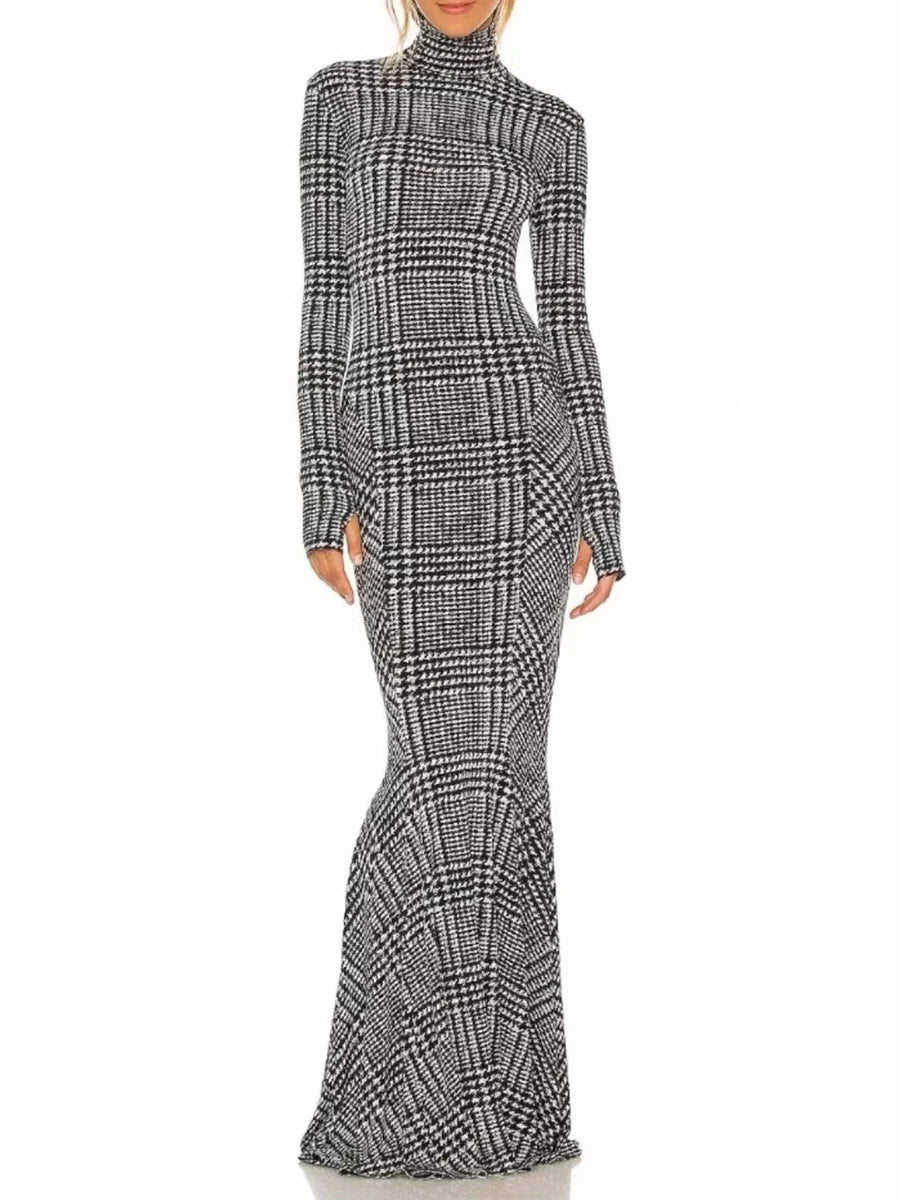 Long sleeve plaid sheath dress styled for refined dressing