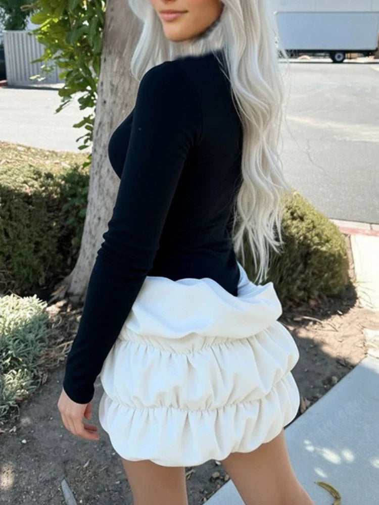 Black V-Neck Long Sleeve Puff-Hem Mini Dress