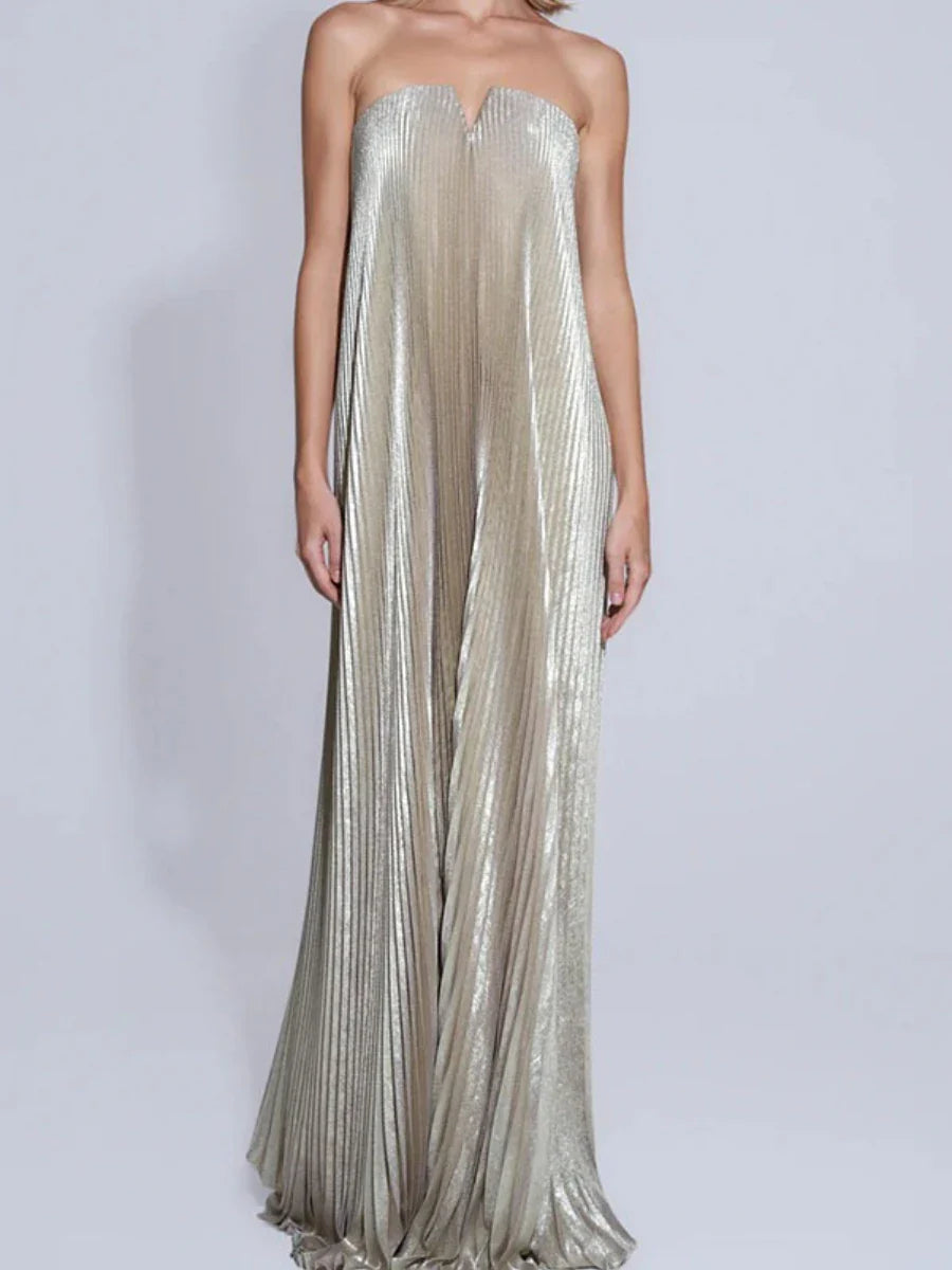 Strapless Glitter Pleated Dress | Slim High Waist A-Line Gown