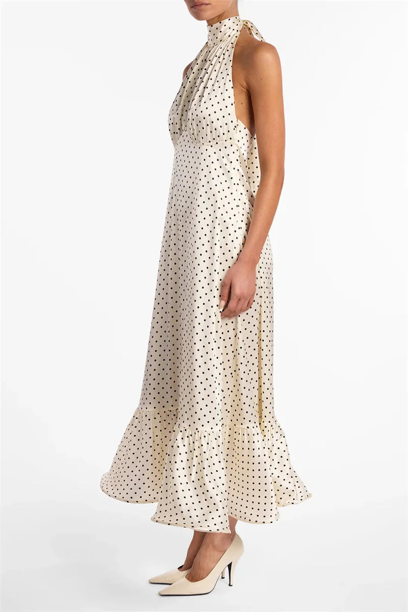 Women's Polka Dot Ruched Ruffle Halter Sleeveless Backless Midi Dress