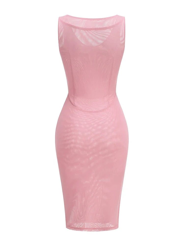 Pink Sling Patchwork Flower Dress | Sleeveless Midi Gown