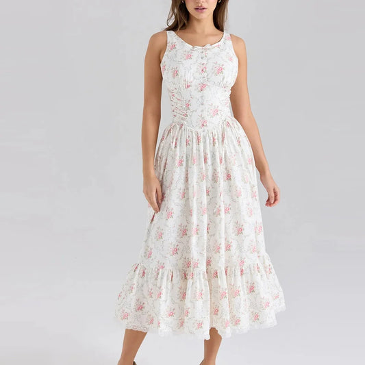 White Print Spliced Maxi Dress - Lace Up Slimming A-Line