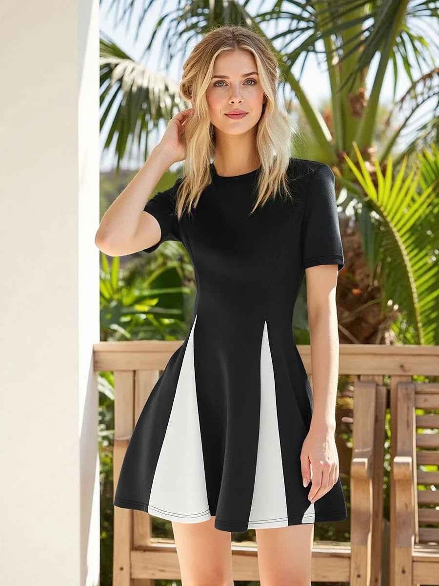 Black Color-block Round Neck Short Sleeve Mini Dress