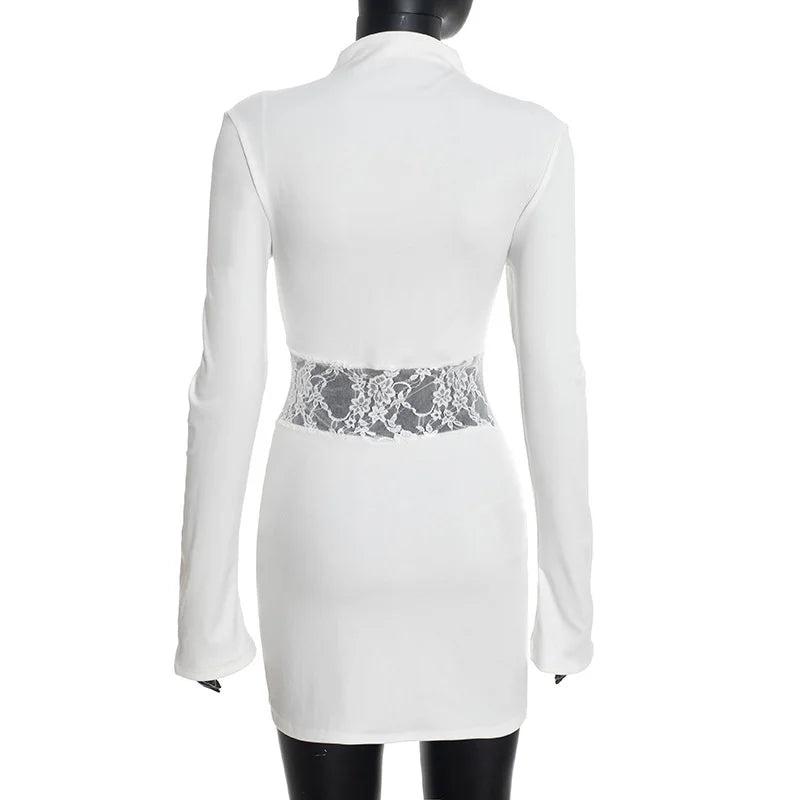 Lace Waist Bodycon Mini Dress with Sculpted Long Sleeves