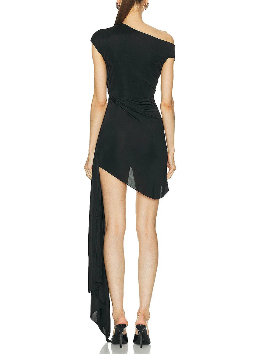 Diagonal Collar Vintage Patchwork Mini Dress with Sculpted Detail