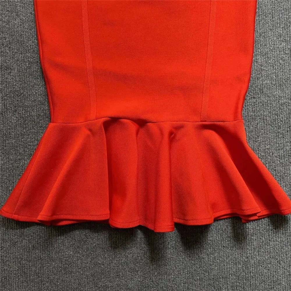 Red Bandage Trumpet Dress - Ruffles Sleeveless Club & Party Wear