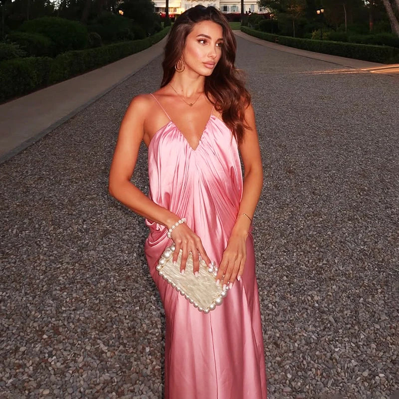 Draped Pink Sling Maxi Dress | Resort Glamour Loose Fit