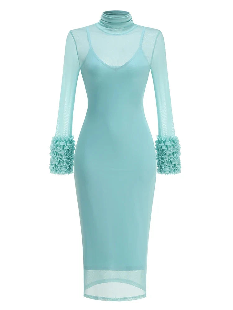 Turtleneck Ruffle-Cuff Mesh Patchwork Midi Dress