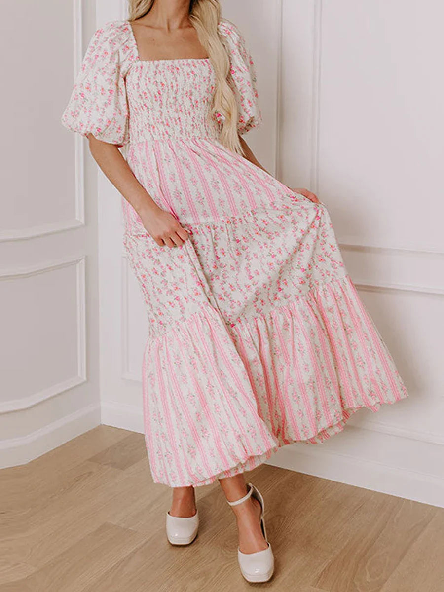 Charming Floral Print Square Collar Puff Sleeve Maxi Dress