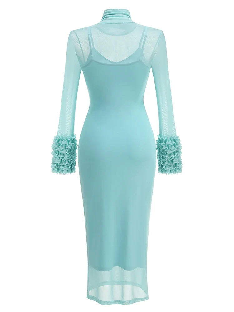 Turtleneck Ruffle-Cuff Mesh Patchwork Midi Dress