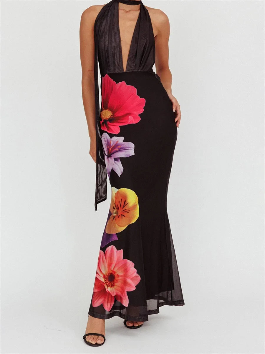 Floral Print Deep Neck Halter Drape Maxi Dress