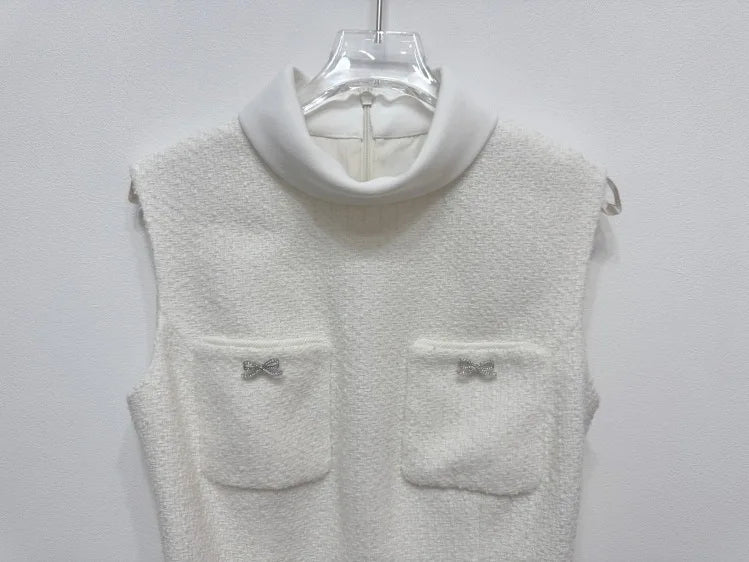 White Bow Pocket Tweed Chiffon Long Dress