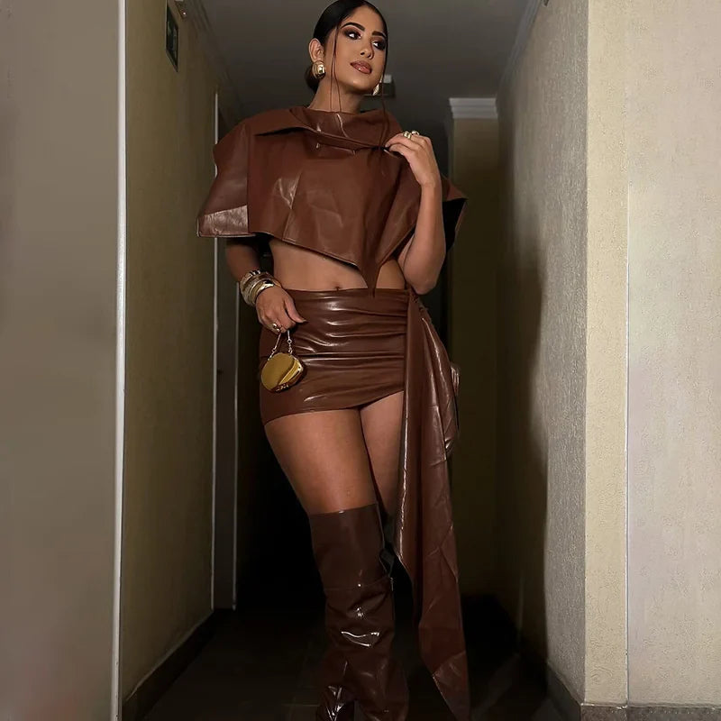 Brown Ruched 2-Piece Mini Dress Set | Modern Party Edit