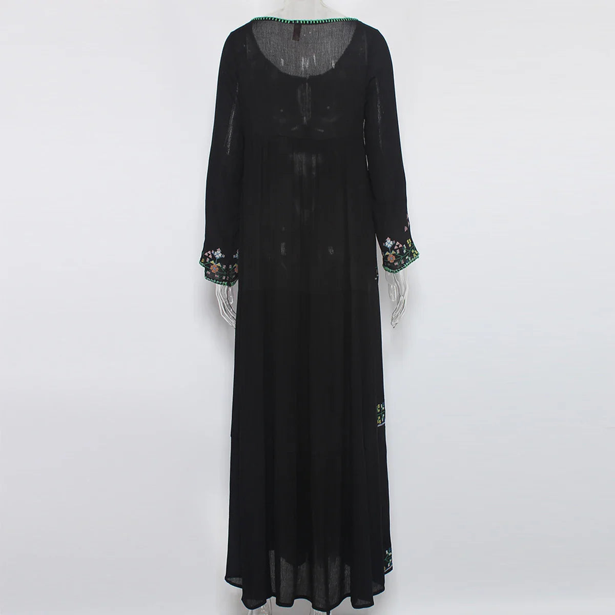 Black Embroidered Maxi Dress | Boho Folk Ankle-Length Gown