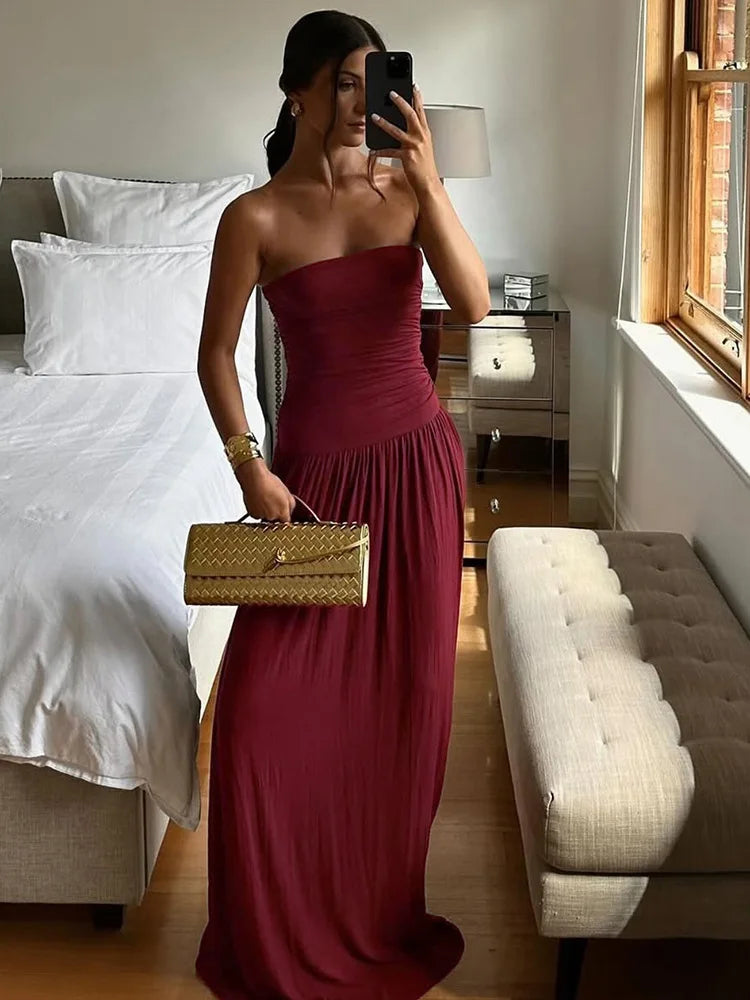 Burgundy Strapless Gown | Floor-Length Minimalist Evening Dress