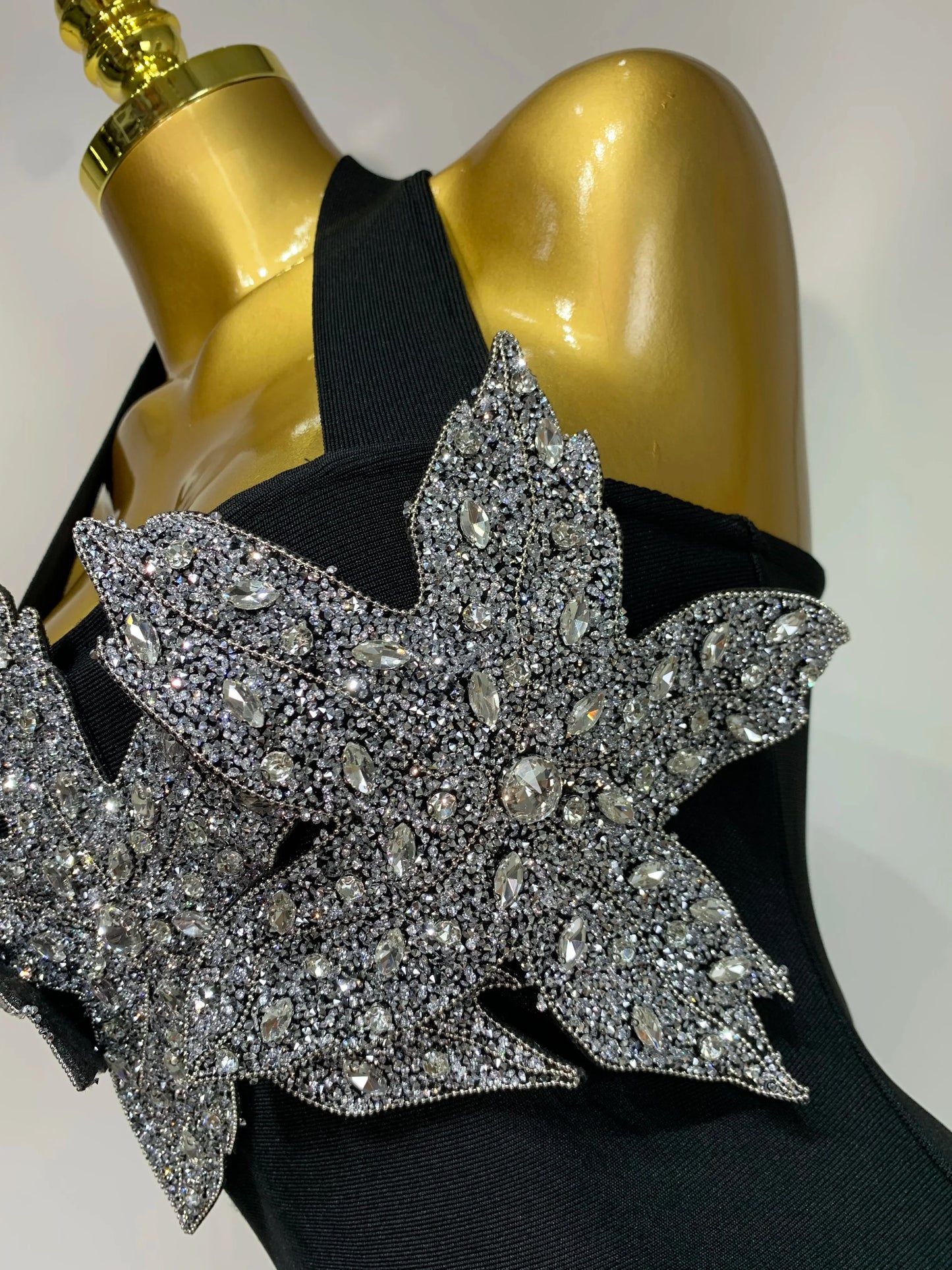 Black Halter Backless Shiny Diamond Flower Bodycon Dress