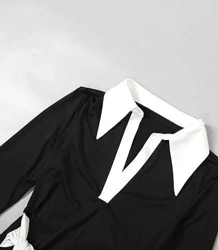 Black Collar Wrap Maxi Dress | Belted Patchwork Long Sleeve