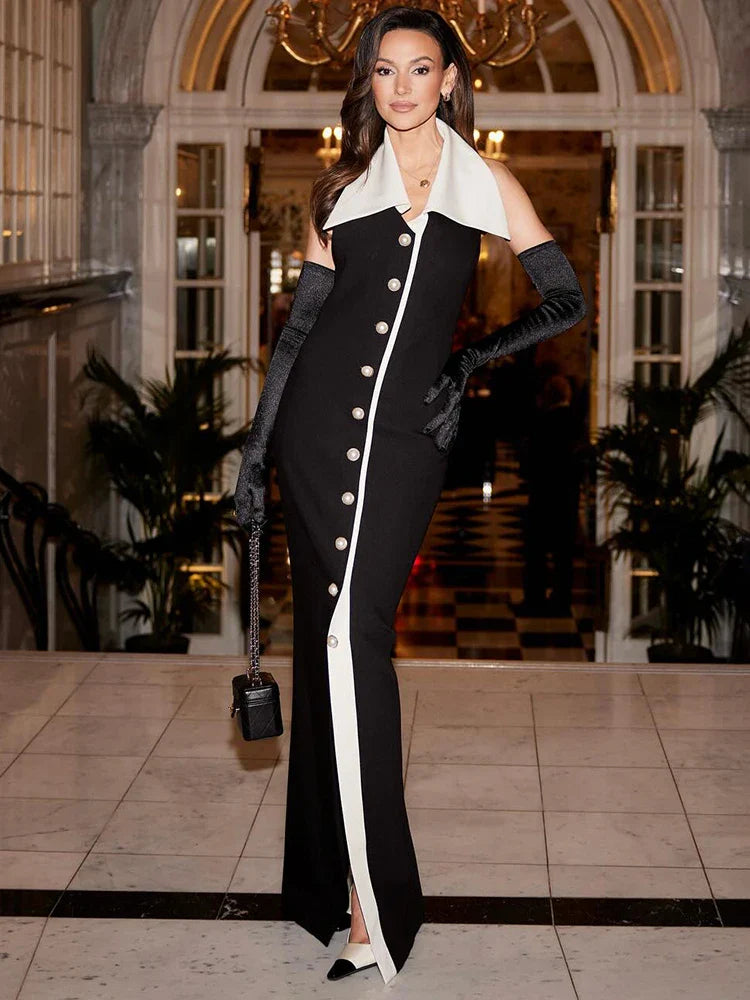 Contrast Collar Pearl-Button Column Evening Dress