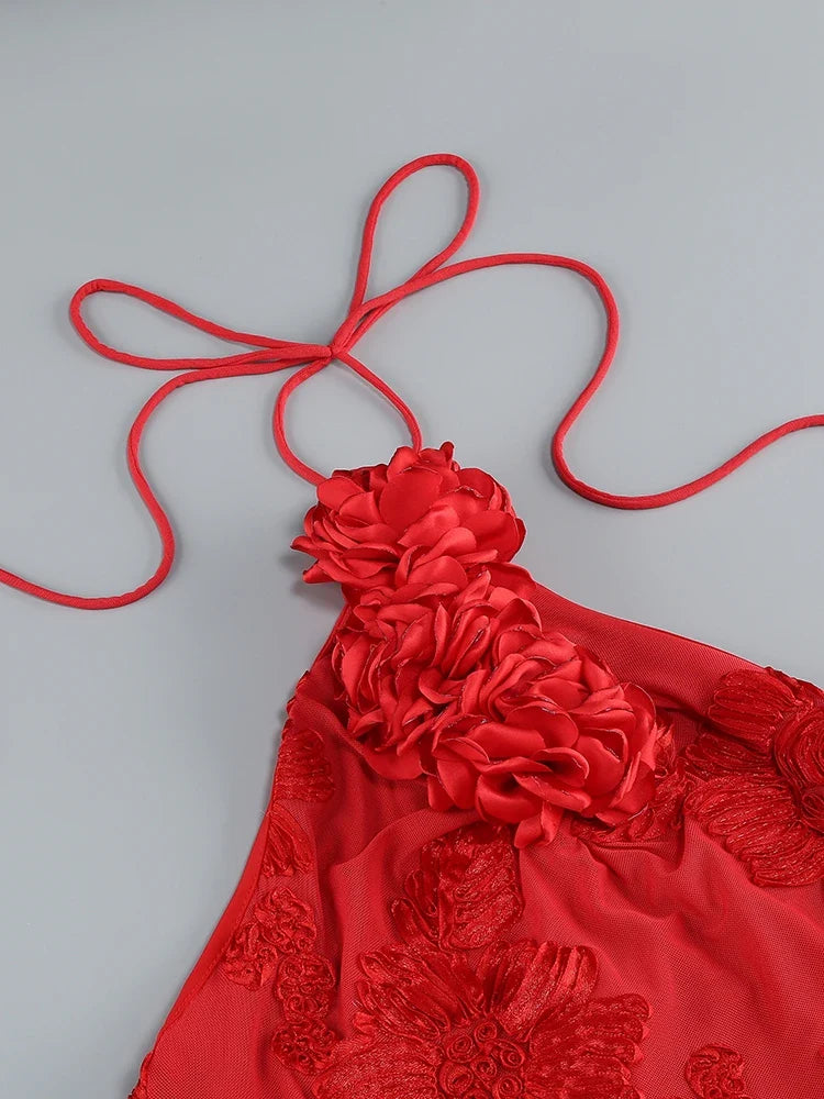 Red Halter Neck 3D Ribbon Flower Dress | Backless Floor Gown