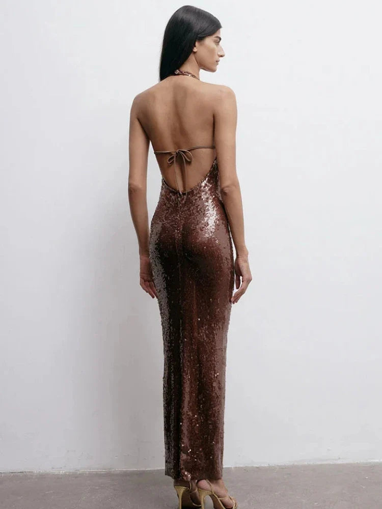 Brown Sequin Halter Neck Long Dress