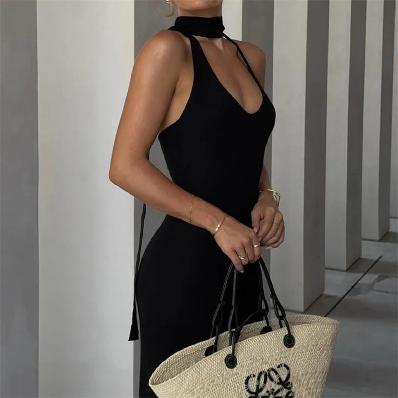 Black Halter Backless Pencil Dress | Sexy Knit Club Maxi