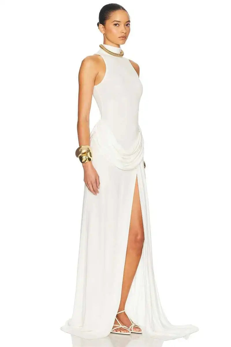 White High Slit Turtleneck Gown | Modern Sleek Evening Dress