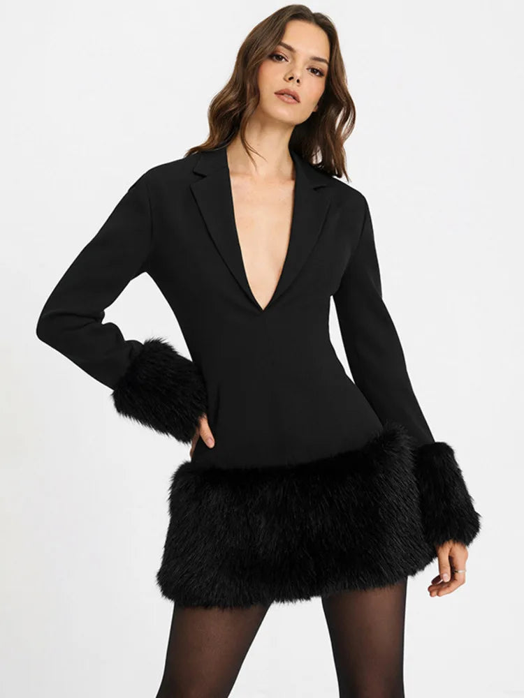 Black Fur-Trim Mini Blazer Dress with Deep V Neck