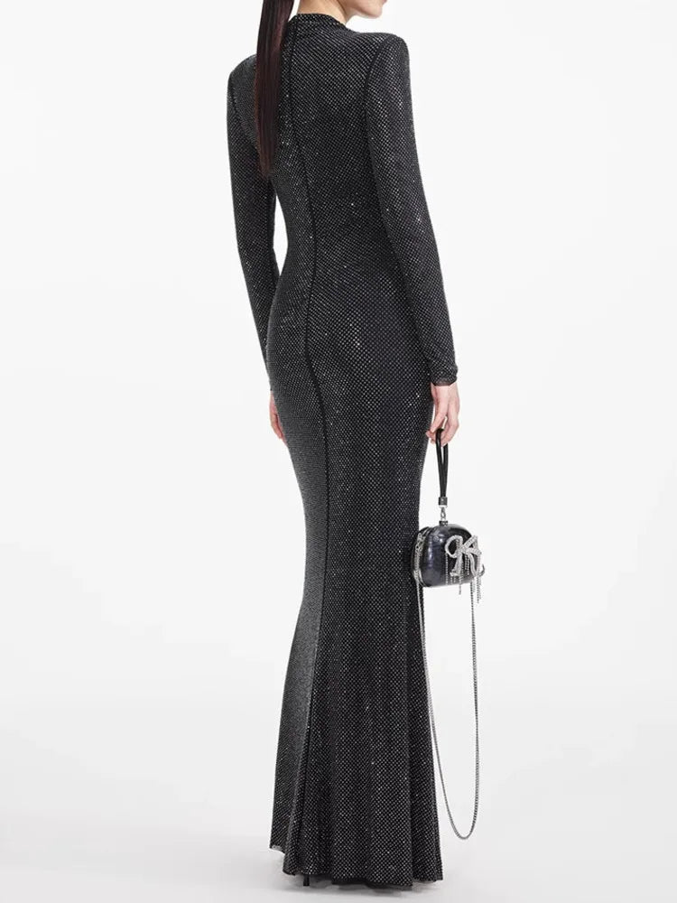 Elegant Slim Pleated Diamond Long Dress