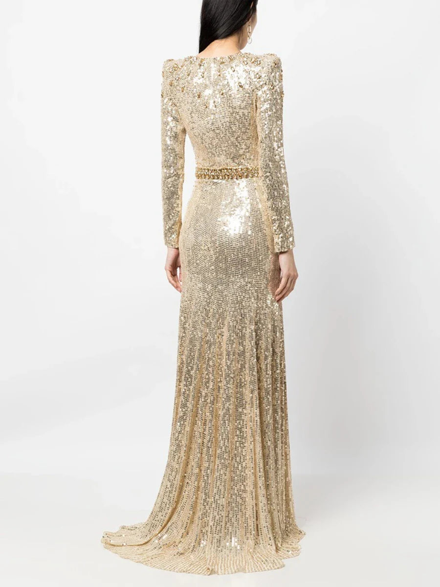 Gold & Black Sequin Gown | Elegant Long Sleeve Evening Dress