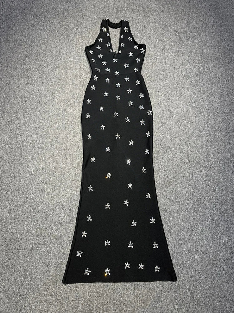 Black Halter Diamond Beaded Backless Gown