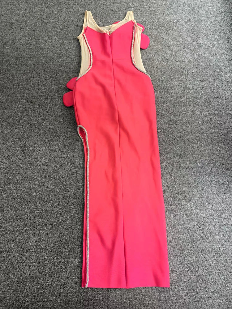 Pink Mesh Flower Diamond Split Bandage Dress | Sparkly Sleeveless Evening Gown