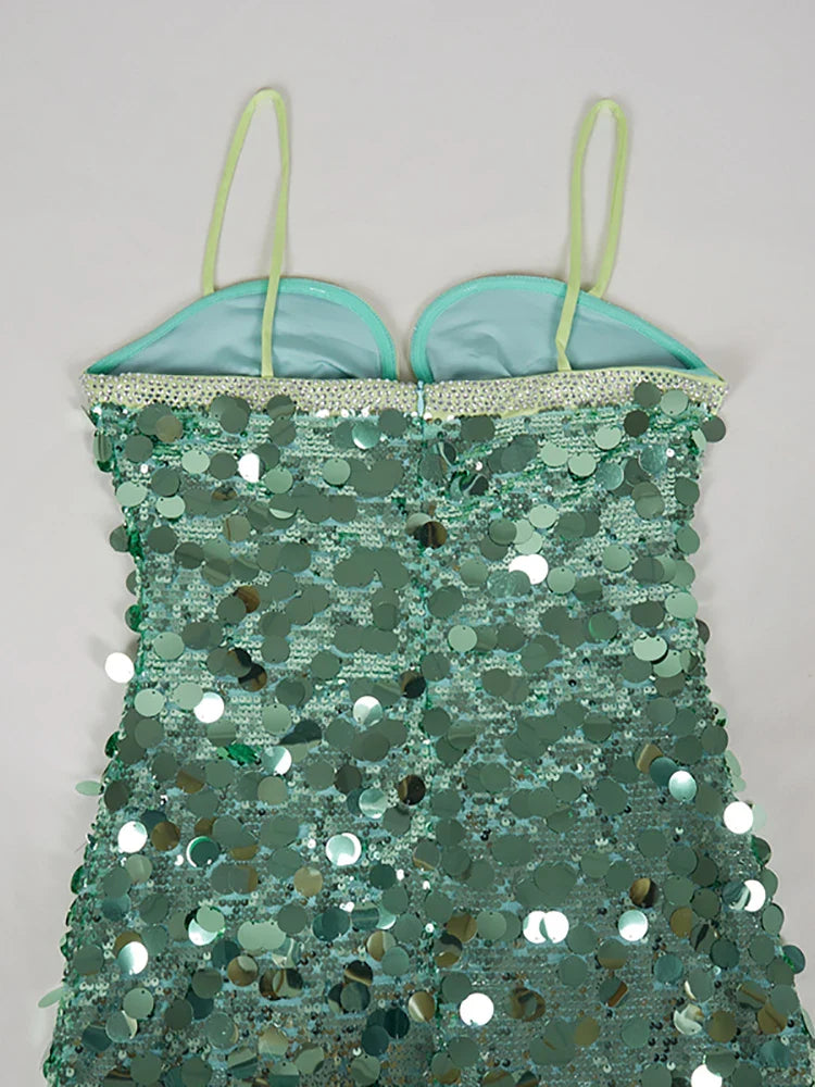 Green Spaghetti Strap Sequin Mini Dress | Slim Party Gown
