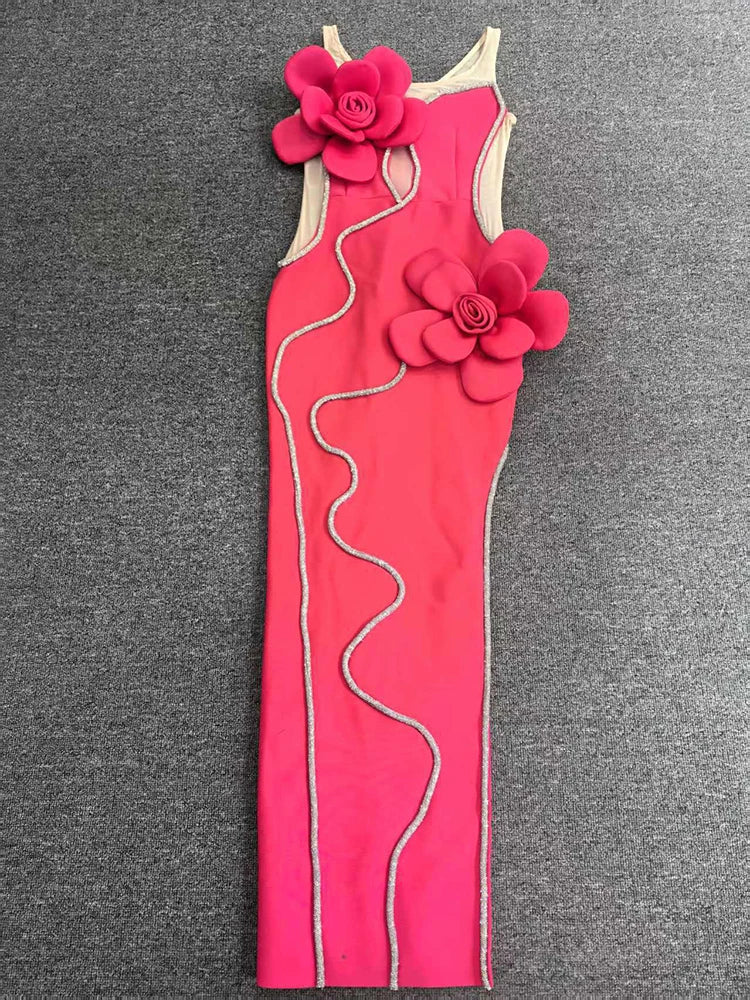 Red dress with floral designs on a gray background