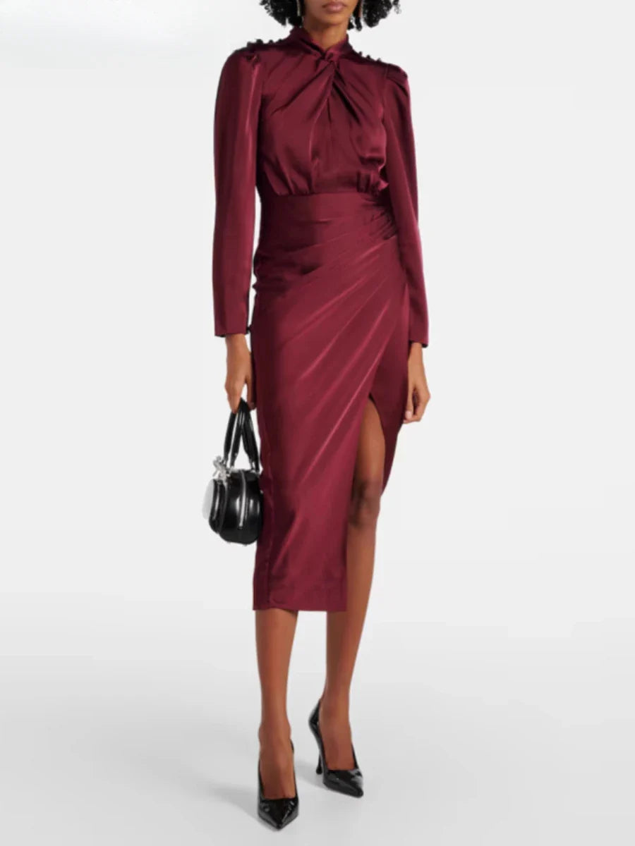 Burgundy High Neck Long Sleeve Satin Midi Dress