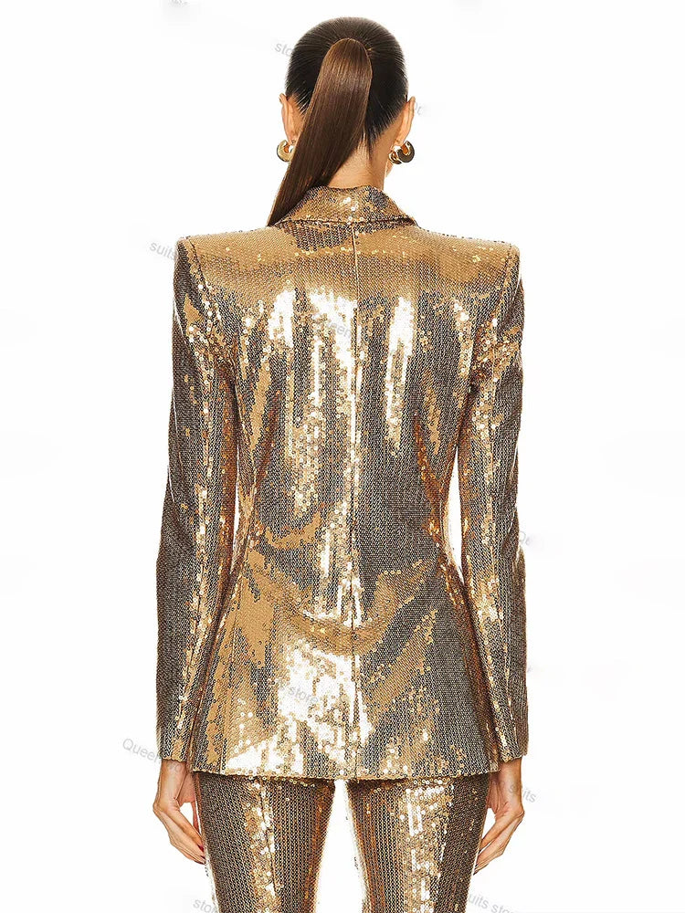 Gold Sequin Blazer & Pants Two-Piece Set - Chic & Sparkling Outfit