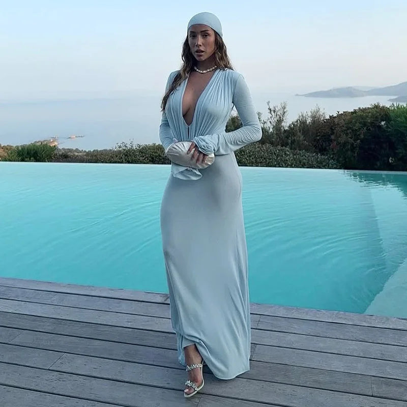 Mesh Deep V-Neck Bodycon Maxi Dress – Long Sleeve Floor-Length Gown