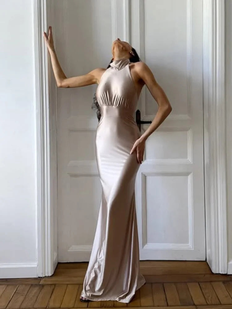 Elegant Satin Halter Backless Maxi Dress