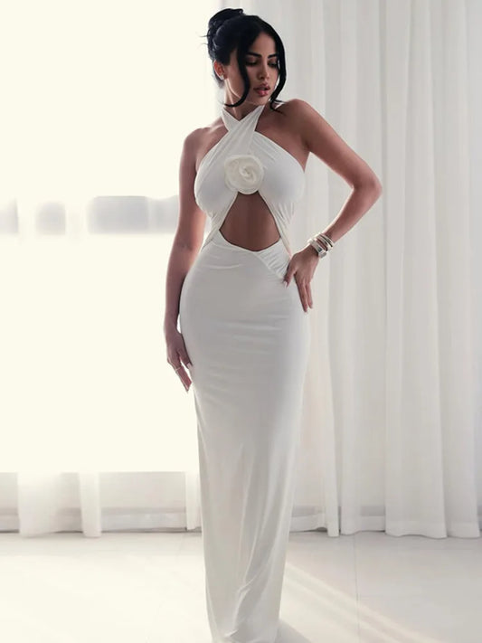 Halter Cross Neck Flower Cut Out Maxi Dress