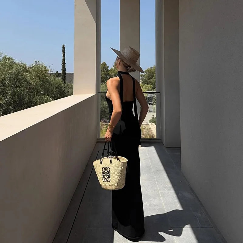 Black Halter Maxi Dress | Elegant Backless Evening Silhouette