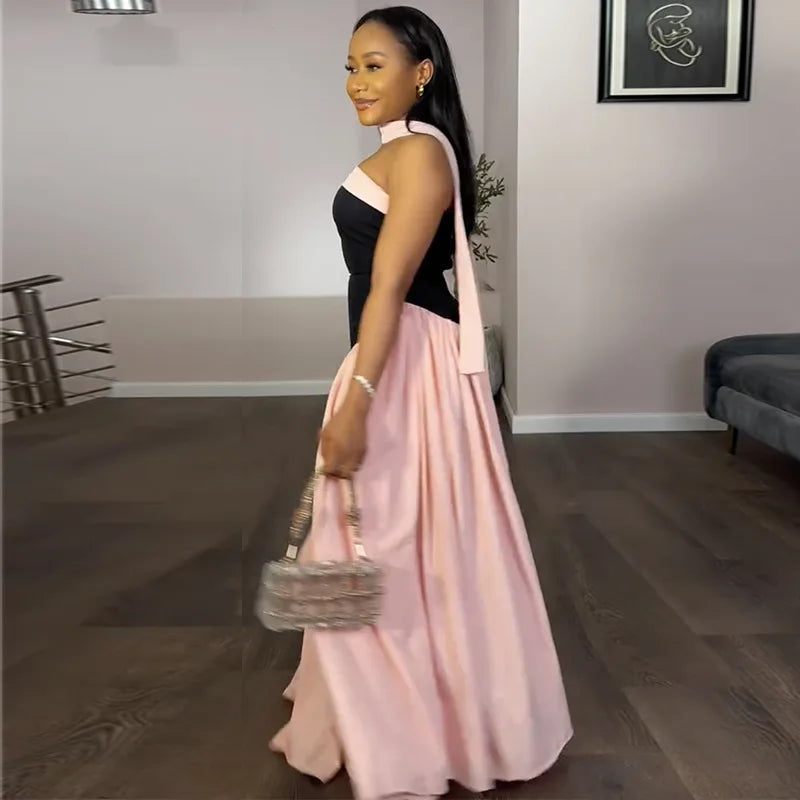 Black & Pink Patchwork Ball Gown | Halter Empire Maxi Dress