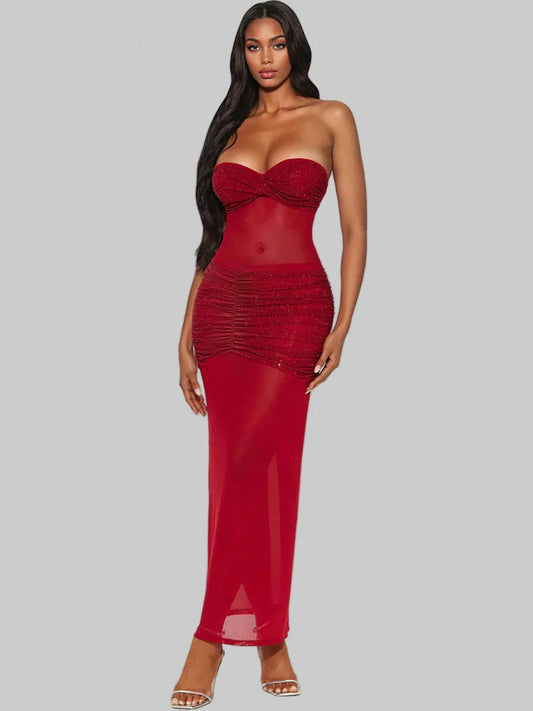 Mesh Sequin Patchwork Bodycon Srapless Long Dress