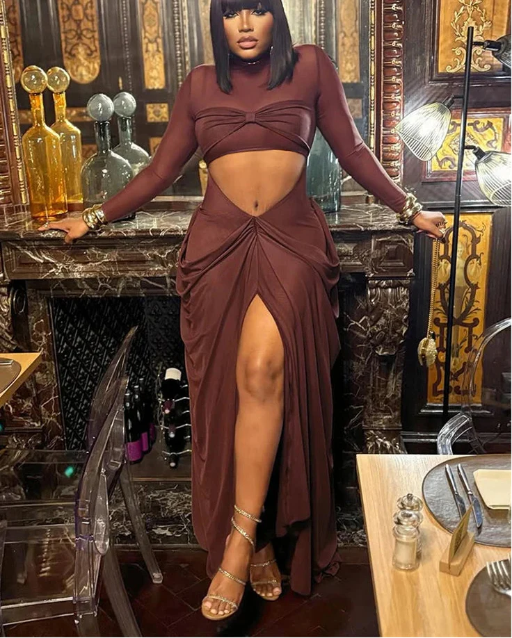 Brown Turtleneck Long Sleeve Mesh Cut Out Maxi Wrap Dress