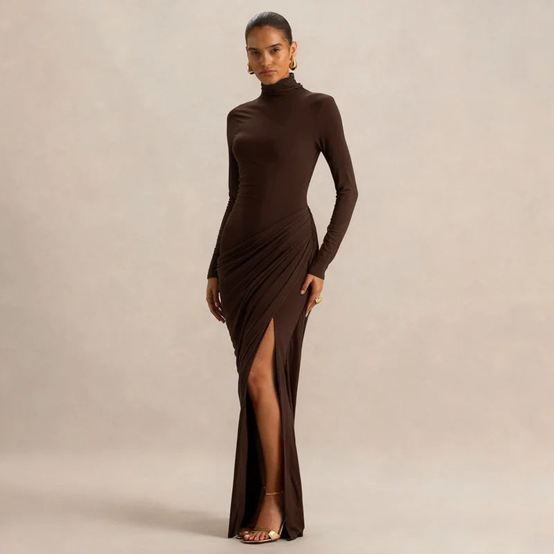 Turtleneck Long Sleeve Ruched Split Evening Maxi Dress