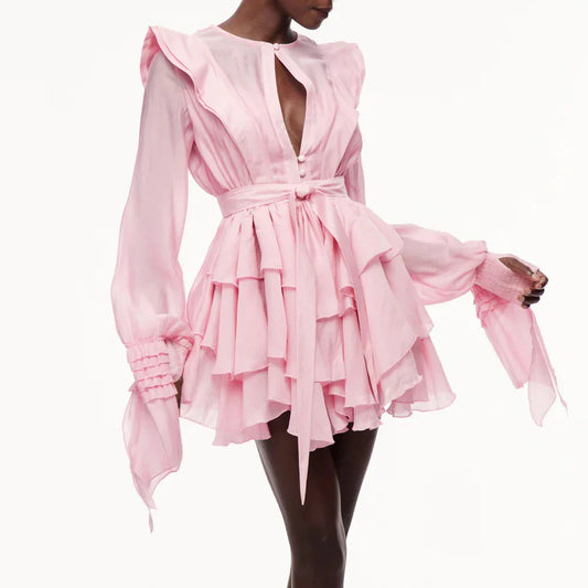 Ruffles Tie Up Front Slit  O-Neck Long Sleeve Mini Dress