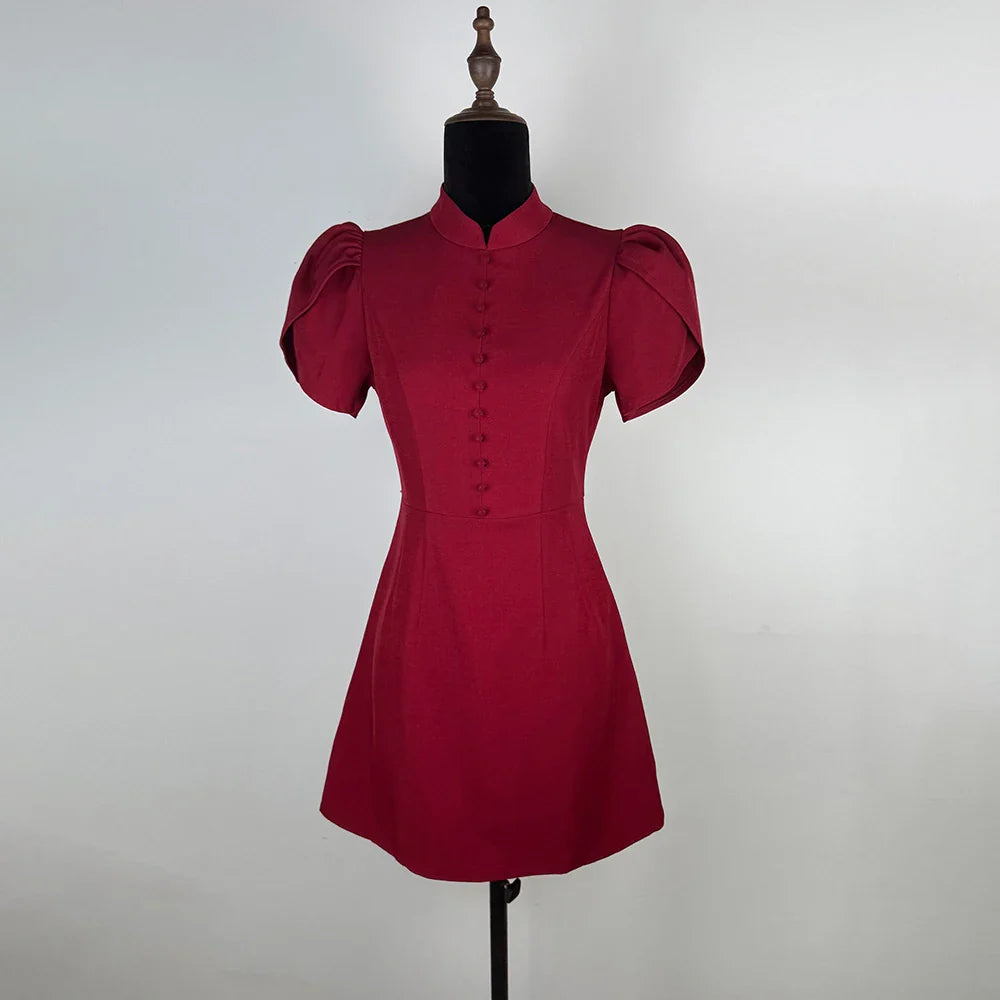Stand Neck Puff Sleeve Mini Dress