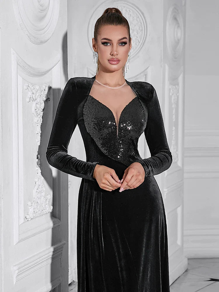 Black Velvet Sequin Mesh Dress | O Neck Long Sleeve Gown