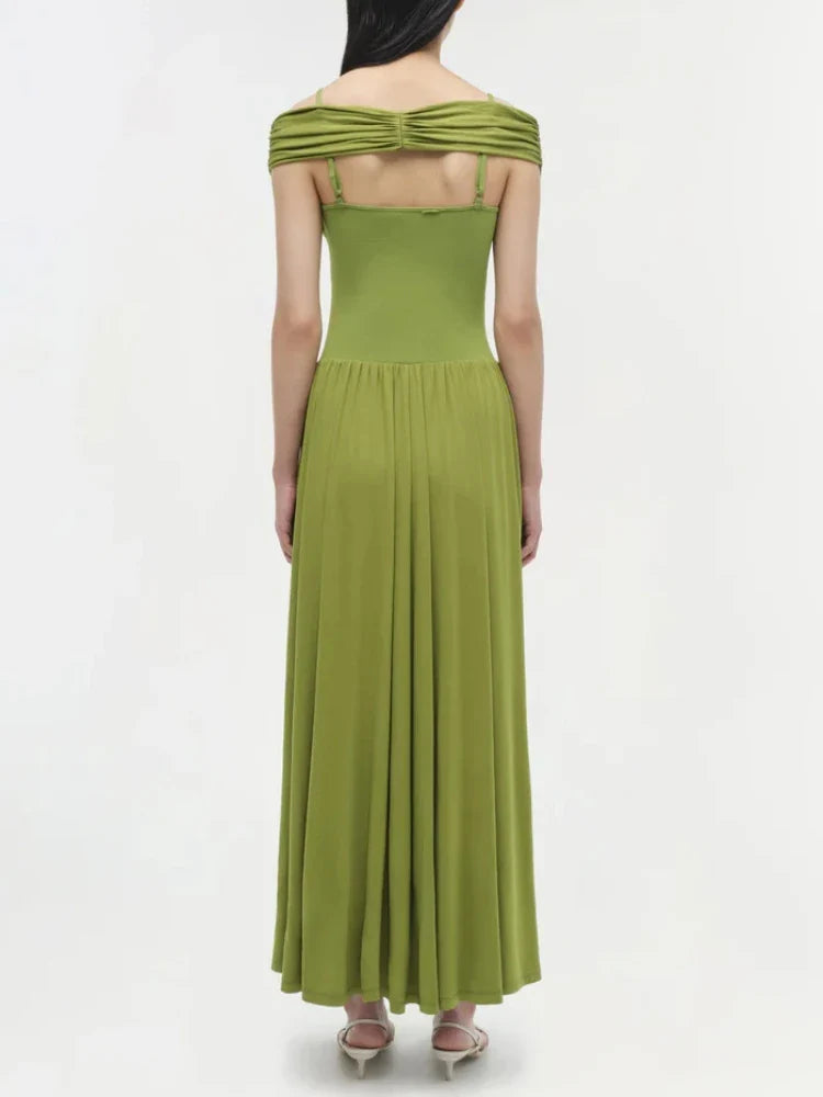 Green Off-Shoulder Pleated Maxi Dress | Elegant Evening & Cocktail Wear