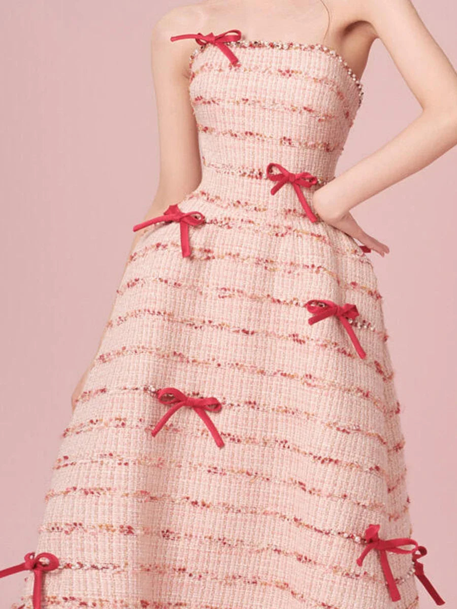 Pink Tweed Bowknots Strapless Maxi Dress