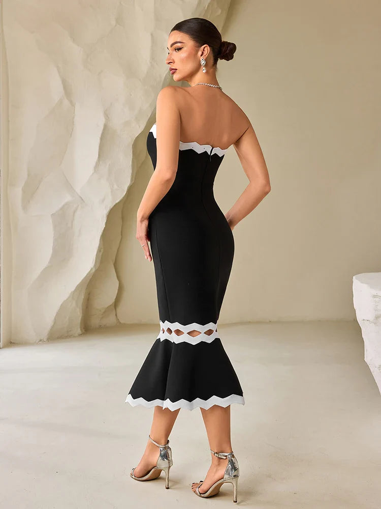 Black & White Strapless Patchwork Midi Dress | Split Bandage Evening Gown