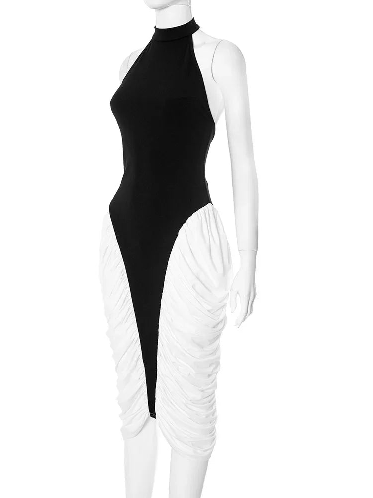 Black Pleated Drape Patchwork Halter Midi Dress